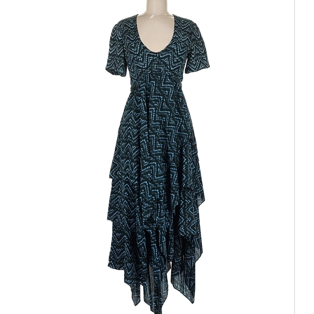 A.L.C. Kylia blue and black printed asymmetrical tiered midi dress, Size 6
